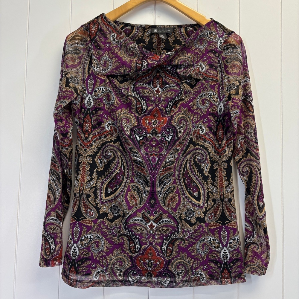 INC Y2K Fairy Grunge Paisley Sheer Sleeve Mesh Top Size L Psychedelic Dark Boho